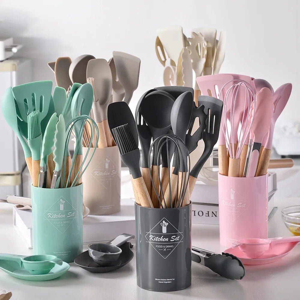 12PCS Silicone Kitchenware Non - Stick Cookware Kitchen Utensils Set Spatula Shovel Egg Beaters Wooden Handle Cooking Tool Set - Ammpoure Wellbeing