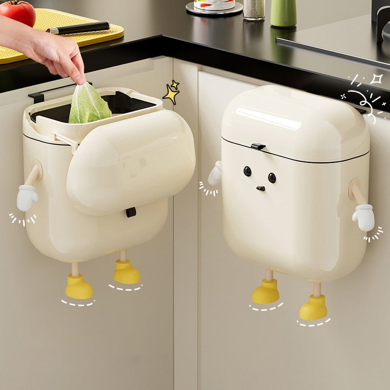 1pc Cute Cartoon Hanging Trash Can With Lid, Large Capacity, No - Drill Wall Mounted Waste Bin For Kitchen & Bathroom, White Plastic, Includes Hooks, Space Saving - Ammpoure Wellbeing