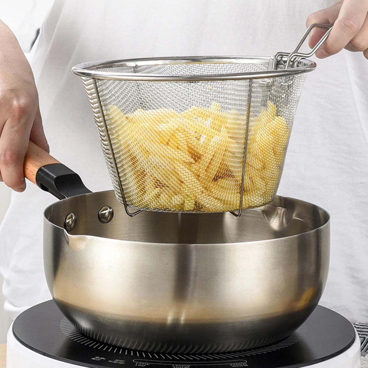 1pc stainless steel mesh strainer Lo mein scoop deep fried mesh frying basket deep fried looped French fries kitchen folding thi - Ammpoure Wellbeing