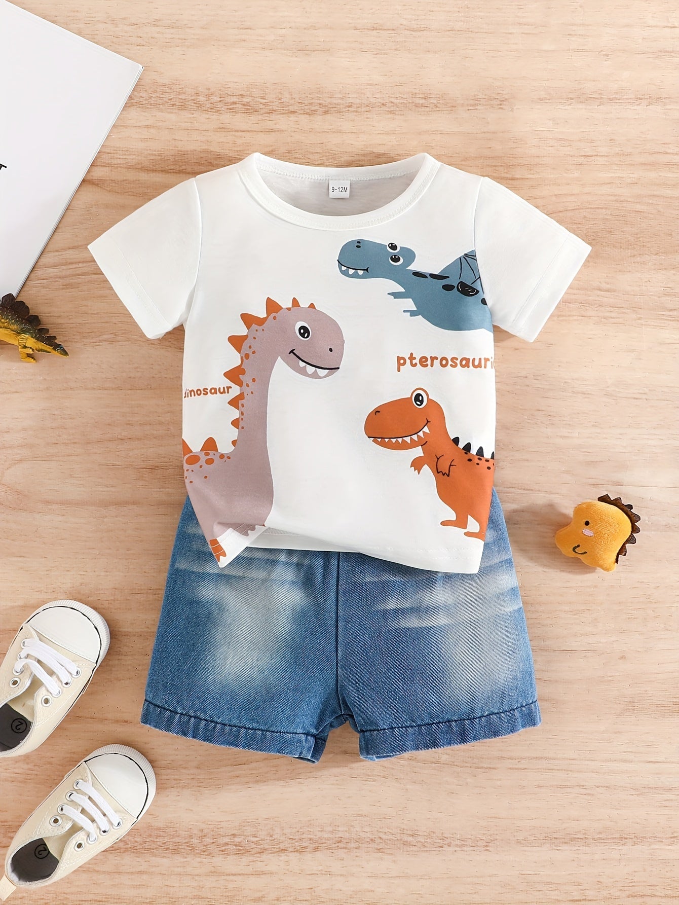 2 - Piece Dinosaur - Themed Boys' Outfit - Comfortable T - Shirt & Stylish Denim Shorts Set - Perfect for Playdates & Summer Fun, Infant Sizes Available - Ammpoure Wellbeing