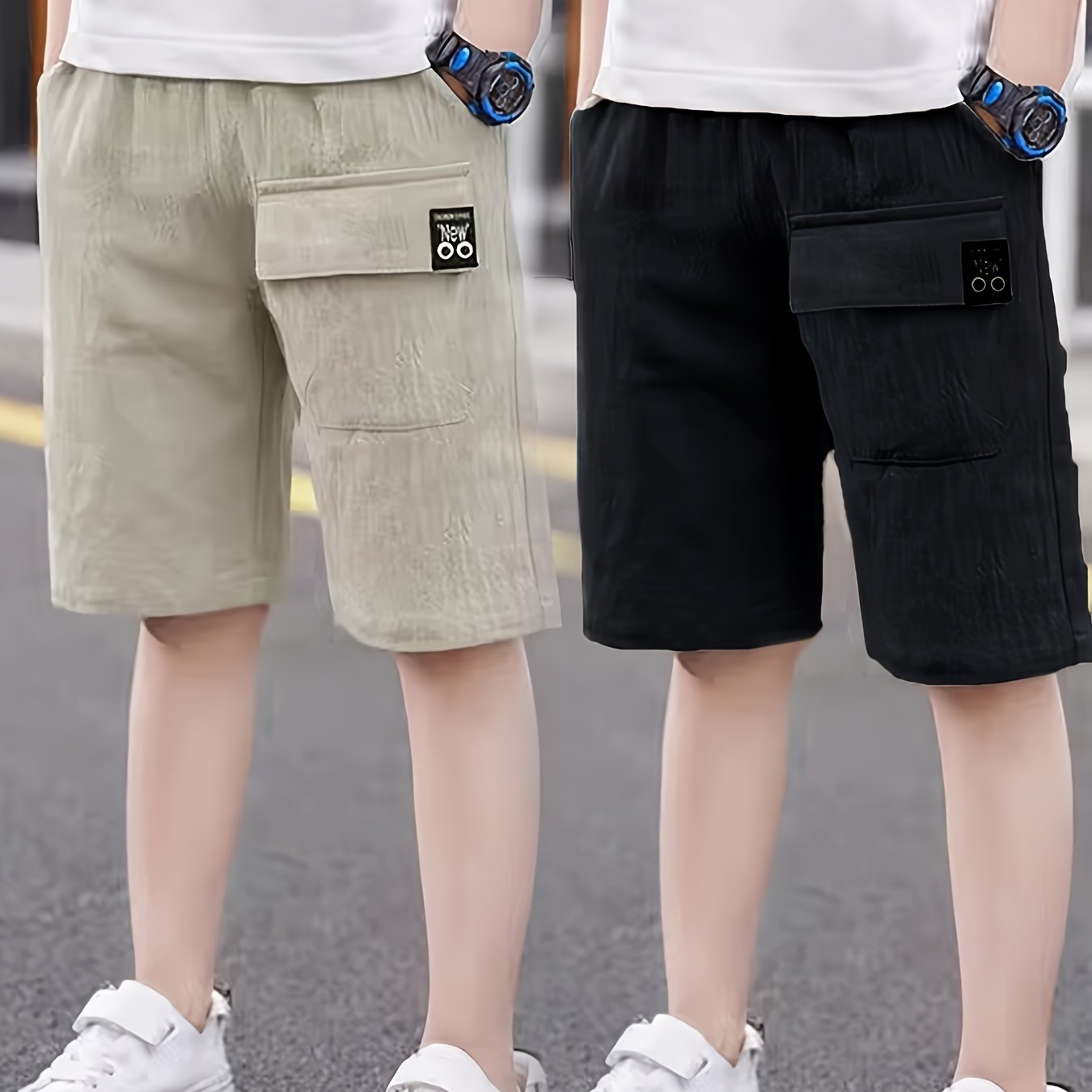 2pcs Boys Ultra - Soft Elastic Waist Solid Cotton Shorts - Trendy & Comfortable, Creative Design for Summer Outdoor Adventures - Ammpoure Wellbeing