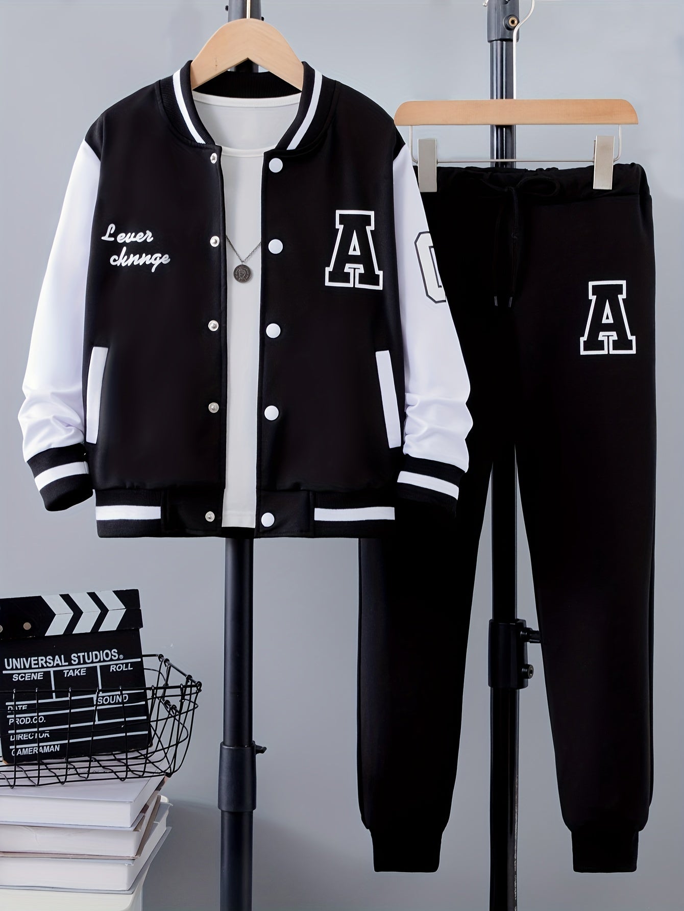 2pcs Trendy Boy’s Preppy Varsity Jacket & Pants Set - Cozy Letter Print Bomber Outfit for Fall Winter - Ideal Kid’s Fashion Gift - Ammpoure Wellbeing