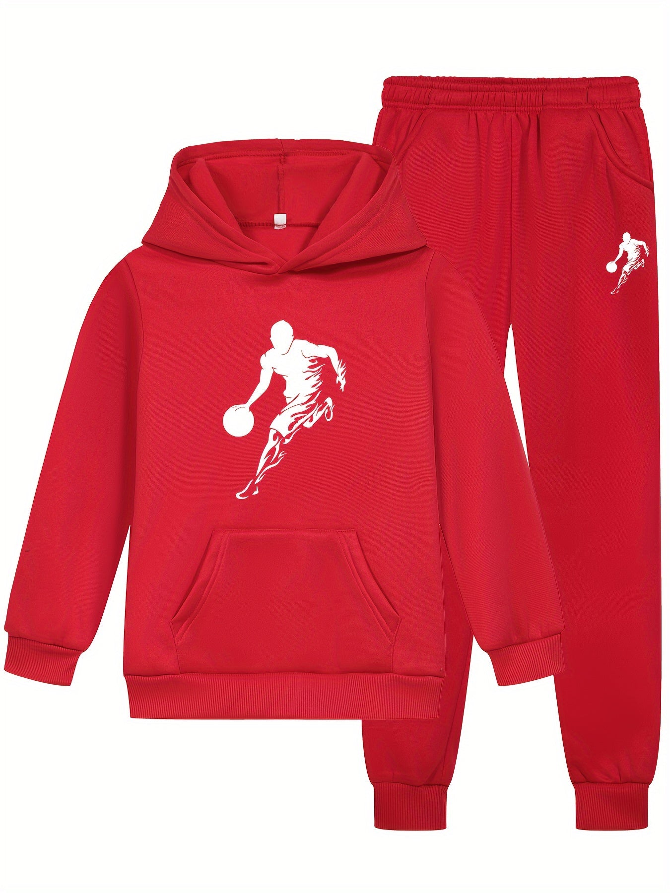 2pcs Vibrant Basketball - Themed Boys Hooded Sweatshirt & Joggers Set - Cozy Athletic Wear for Daily Use and Playdates - Ammpoure Wellbeing