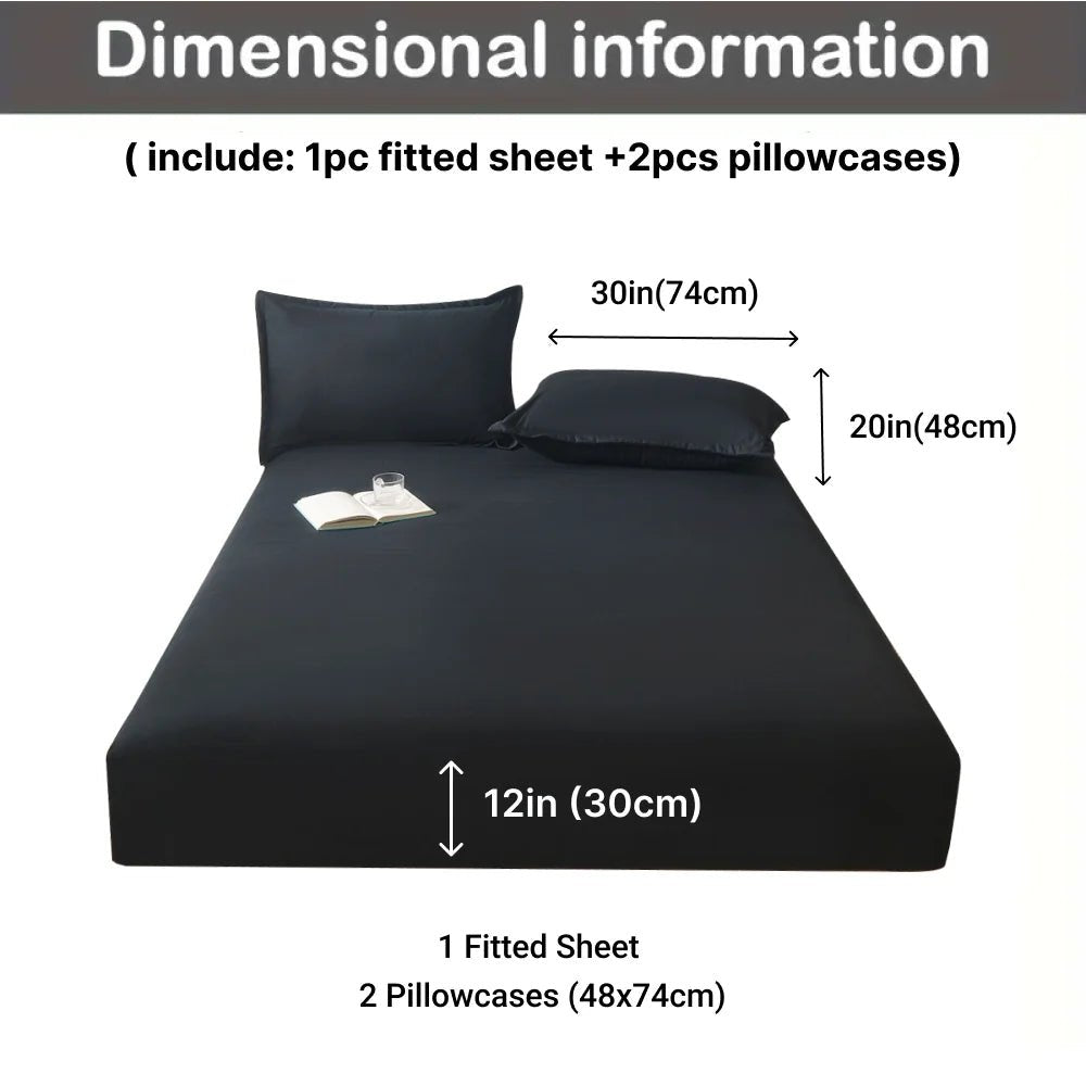 3pcs Cotton Fitted Bed Sheet Set (1 Fitted Sheet + 2 Pillowcases) Breathable Soft Mattress Cover with Pillow Cover Bedding Set - Ammpoure Wellbeing