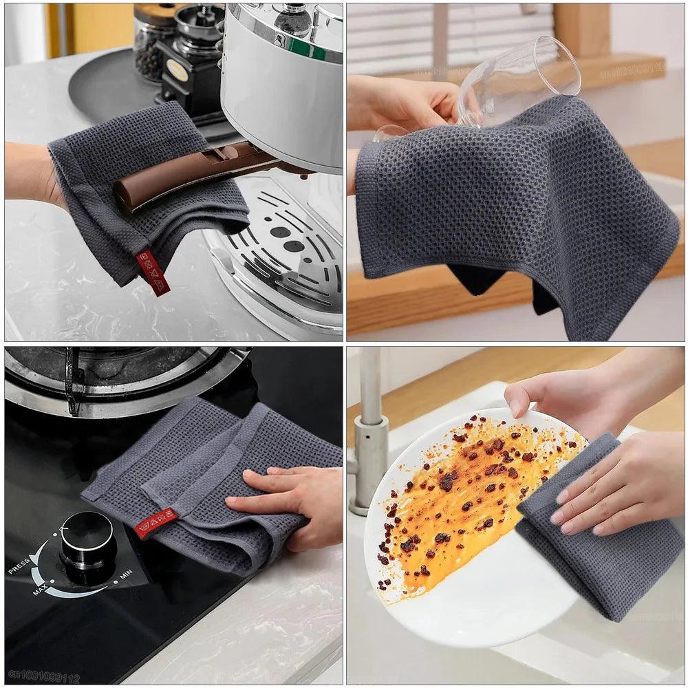 4Pcs Cotton Kitchen Towel Ultra Soft Magic Cleaning Cloth Absorbent Cleaning Rags Thickened Wipe Cloths Dishcloth - Ammpoure Wellbeing