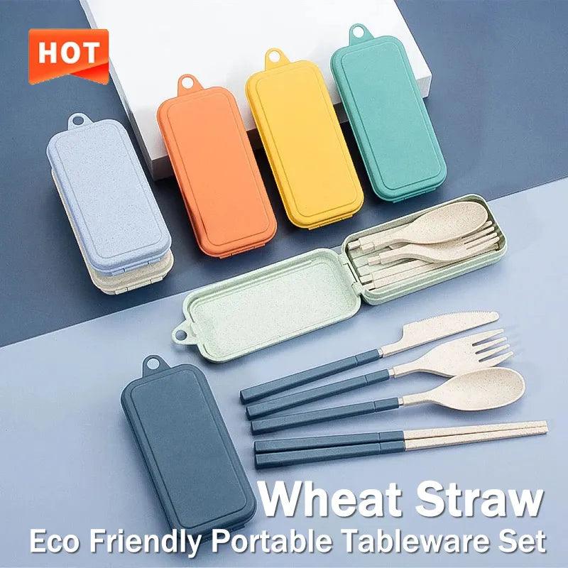 4Pcs Portable Tableware Set Wheat Straw Dinnerware Detachable Cutlery Travel Tableware Picnic Dinnerware Set Camping Cutlery Set - Ammpoure Wellbeing