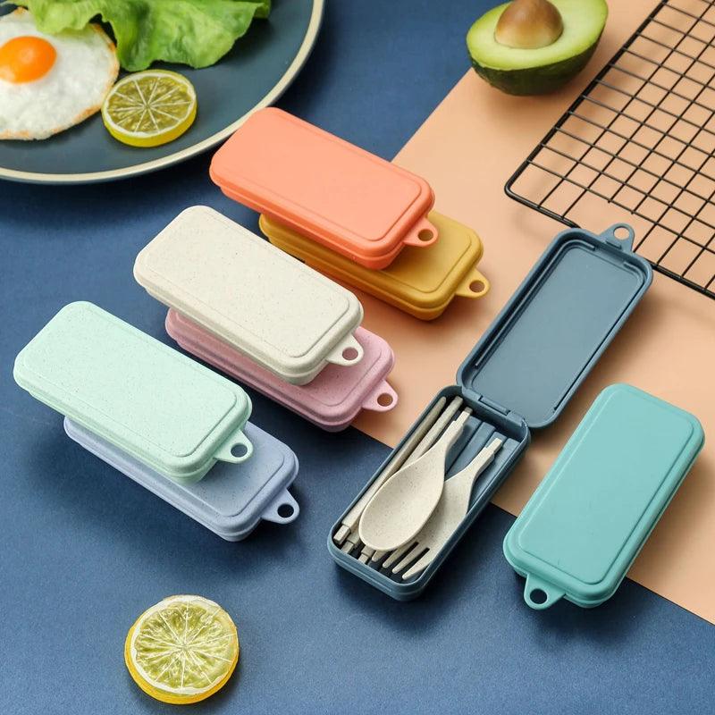 4Pcs Portable Tableware Set Wheat Straw Dinnerware Detachable Cutlery Travel Tableware Picnic Dinnerware Set Camping Cutlery Set - Ammpoure Wellbeing