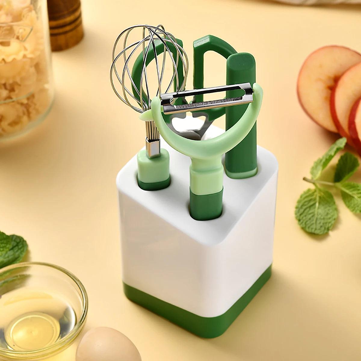 5 piece New Green Kitchen Tools Set Multi - functional Peeler Fruit Knife Egg Beater Scissors Set Kitchen Cooking Gadget - Ammpoure Wellbeing