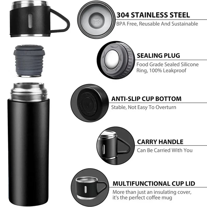 500ML 304 Stainless Steel Vacuum Insulated Bottle Gift Set Office Business Style Coffee Mug Thermos Bottle Portable Flask Carafe - Ammpoure Wellbeing