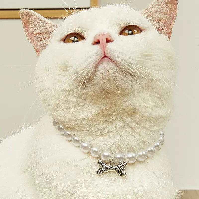 Adjustable Pet Pearl Necklace Accessories for Cats Gotas Animals Fashion Rhinestones Sphynx Cat Collar Kitten Dog collier chat - Ammpoure Wellbeing