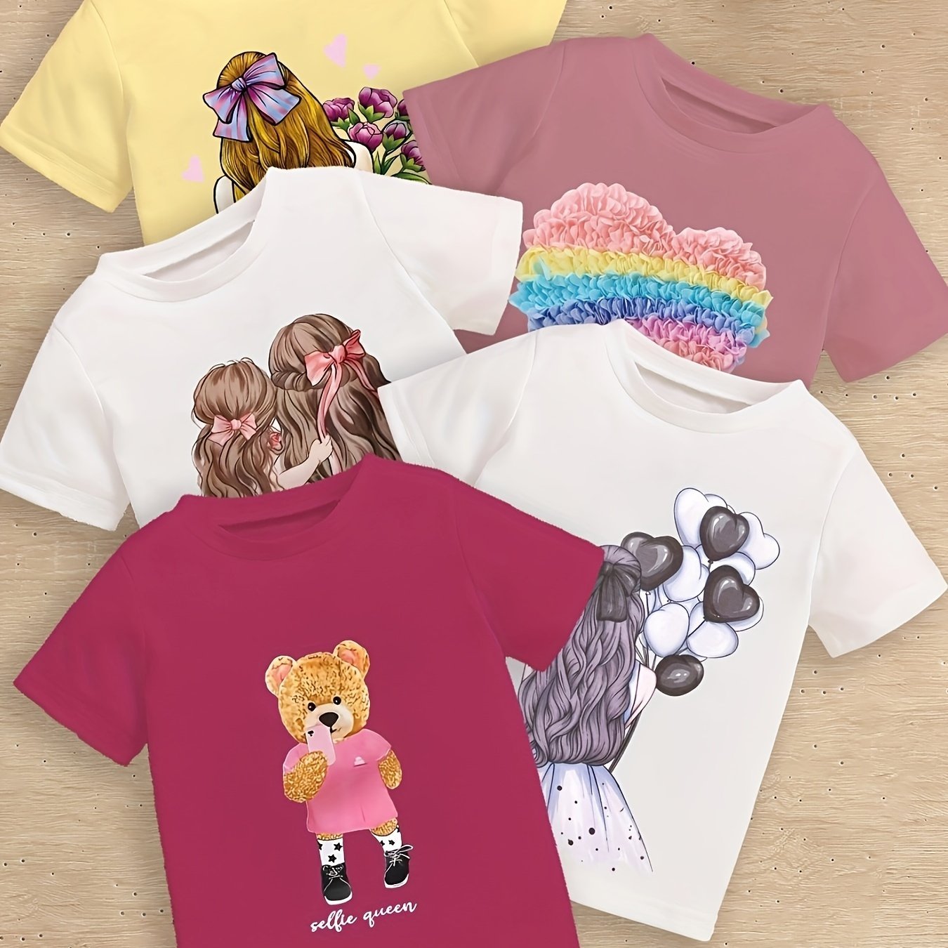Adorable 5pcs Toddler T - Shirt Set - Playful Bear/Girl/Heart Designs, Soft Cotton, Short Sleeves - Casual Wear for Baby Girls - Ammpoure Wellbeing