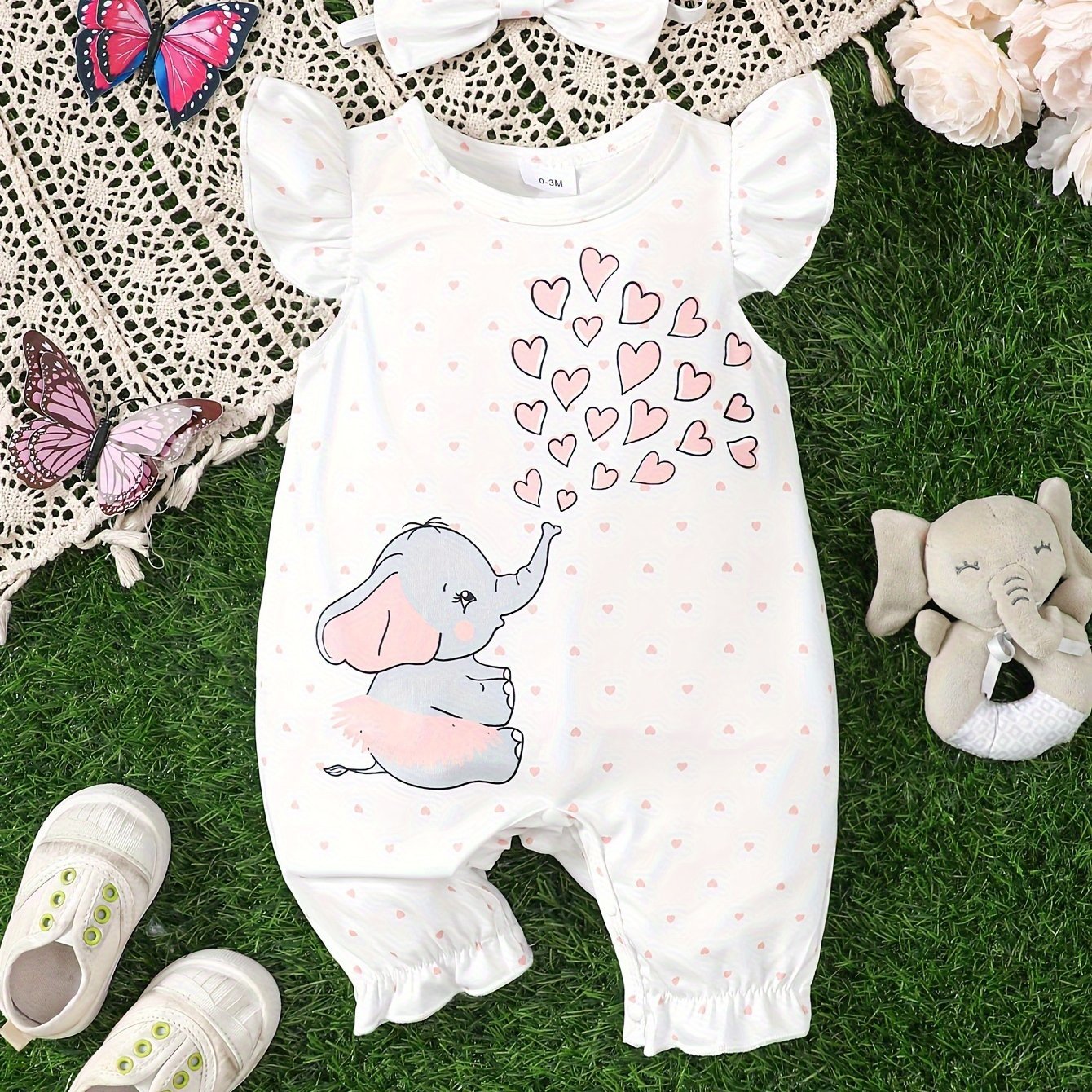 Adorable Baby Girls Elephant & Heart Print Romper Bodysuit with Matching Headband - Soft, Summer - Ready Outfit for Toddler & Infant Girls - Perfect Gift Idea - Ammpoure Wellbeing