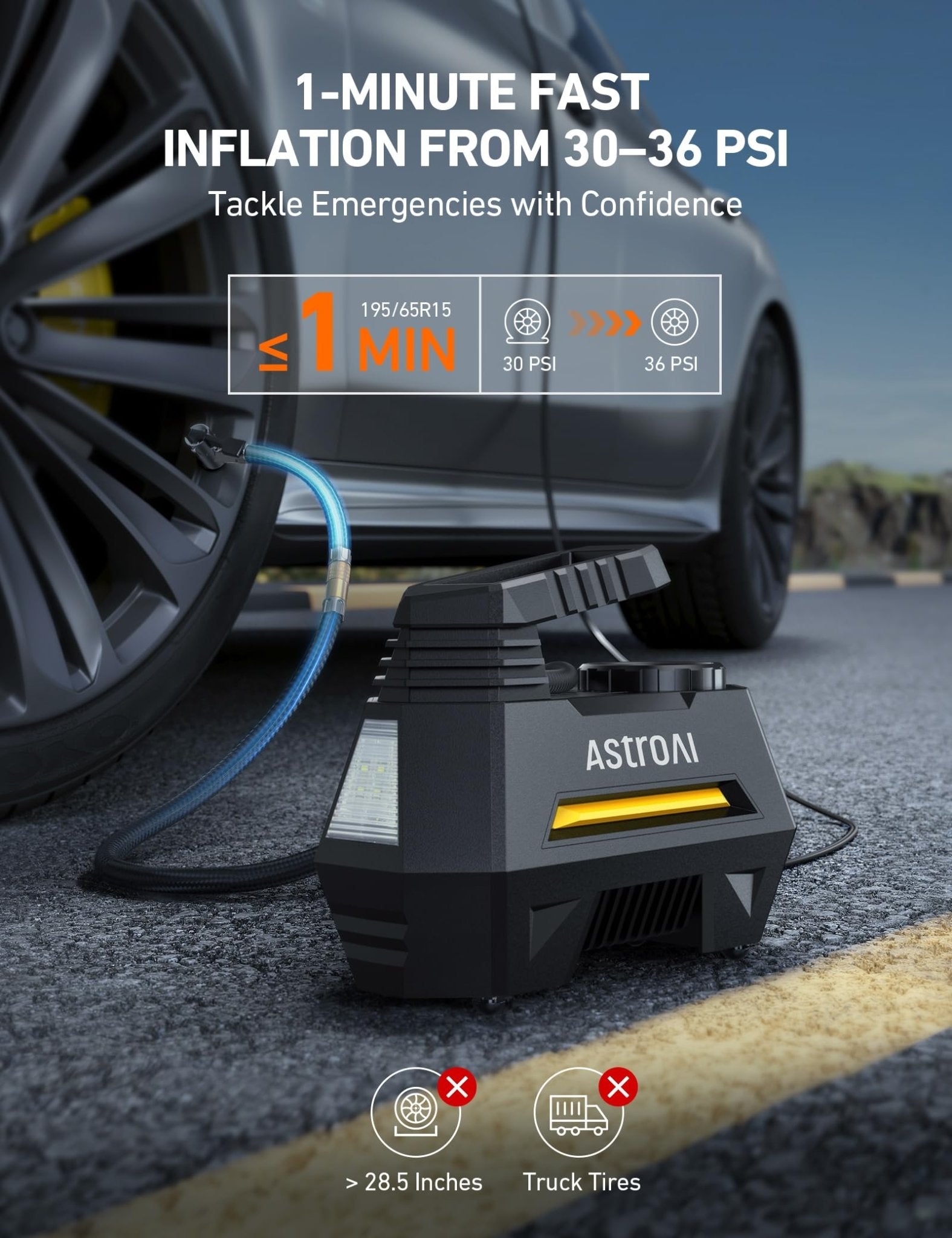 AstroAI Tyre Inflator Air Compressor 12V, Portable Electric Auto - Stop Car Tyre Pump with Tyre Pressure Gauge, Valve Adaptors and LED Light, Car Accessories, Yellow - Ammpoure Wellbeing