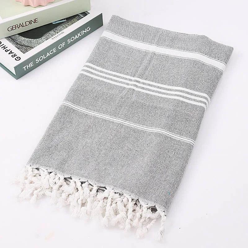 Beach Pool Blanket Absorbent Easy Care Striped Cotton Turkish Sports Bath Towel with Tassels Travel Gym Camping - Ammpoure Wellbeing