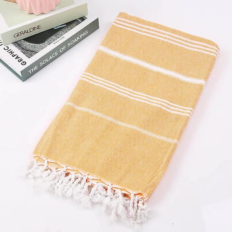 Beach Pool Blanket Absorbent Easy Care Striped Cotton Turkish Sports Bath Towel with Tassels Travel Gym Camping - Ammpoure Wellbeing