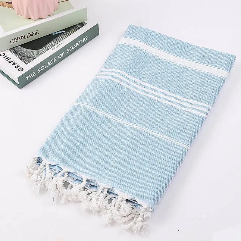 Beach Pool Blanket Absorbent Easy Care Striped Cotton Turkish Sports Bath Towel with Tassels Travel Gym Camping - Ammpoure Wellbeing