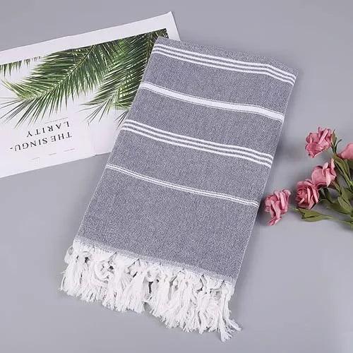 Beach Pool Blanket Absorbent Easy Care Striped Cotton Turkish Sports Bath Towel with Tassels Travel Gym Camping - Ammpoure Wellbeing