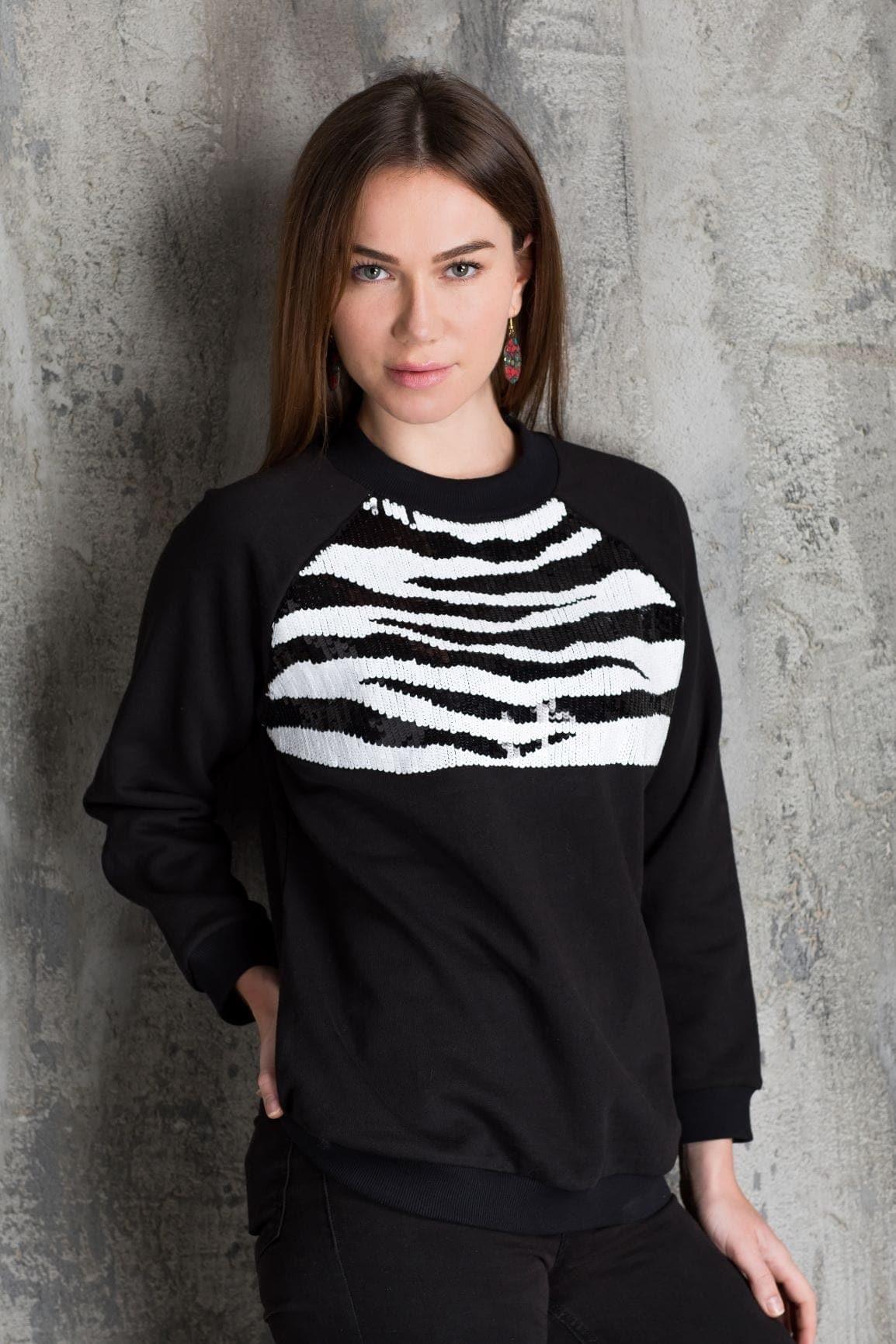 Black Zebra Sequin Sweatshirt - Ammpoure Wellbeing