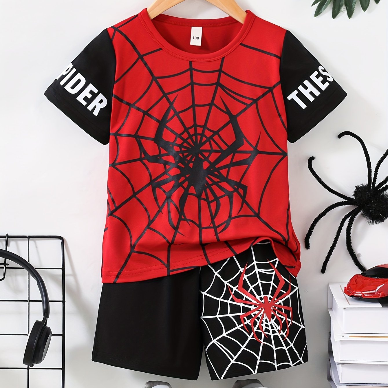 Boys 2pc Spider Web Graphic Summer Set - Breathable Cotton Tee & Shorts, Casual Daily Wear - Ammpoure Wellbeing