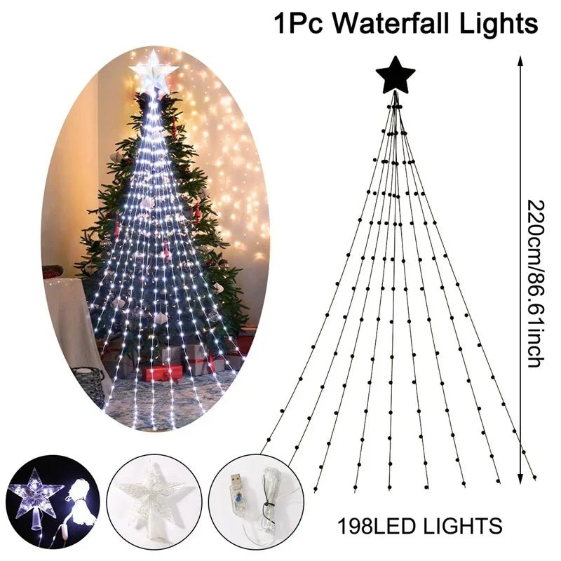 Christmas Waterfall Fairy String Lights with Topper Star, Christmas Tree Decorations for Home 2024 Navidad Natal New Year 2025 - Ammpoure Wellbeing