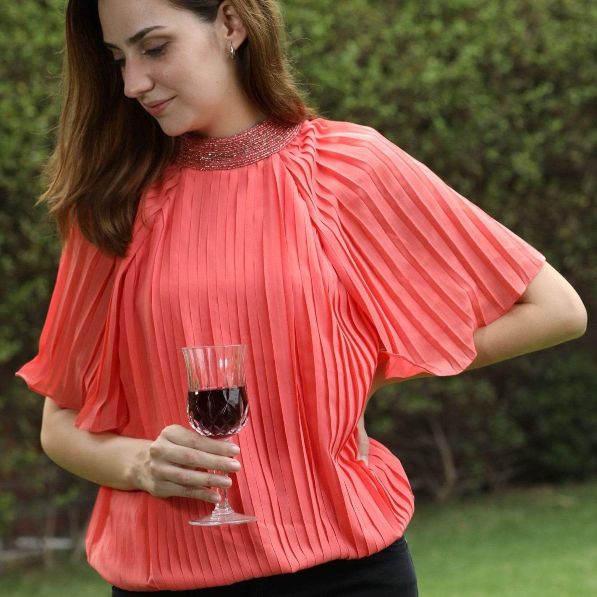 Coral Top with Hand Sequin Neckband - Ammpoure Wellbeing