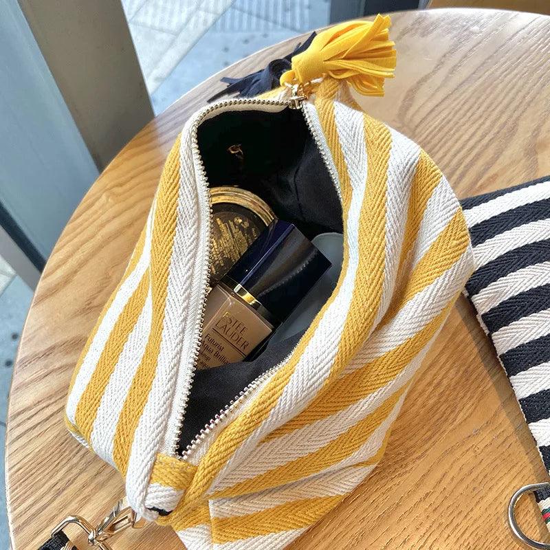 Cosmetic Bag Women Striped Makeup Case Organizer Korean Tassel Cosmetic Pouch Necesserie Travel Toiletry Bag Canvas Beauty Case - Ammpoure Wellbeing