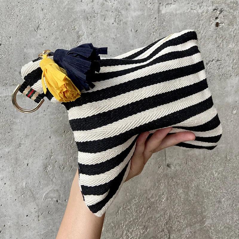 Cosmetic Bag Women Striped Makeup Case Organizer Korean Tassel Cosmetic Pouch Necesserie Travel Toiletry Bag Canvas Beauty Case - Ammpoure Wellbeing