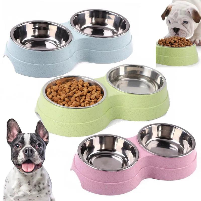 Double Pet Bowls Dog Food Water Feeder Stainless Steel Pet Drinking Dish Feeder Cat Puppy Feeding Supplies Small Dog Accessories - Ammpoure Wellbeing