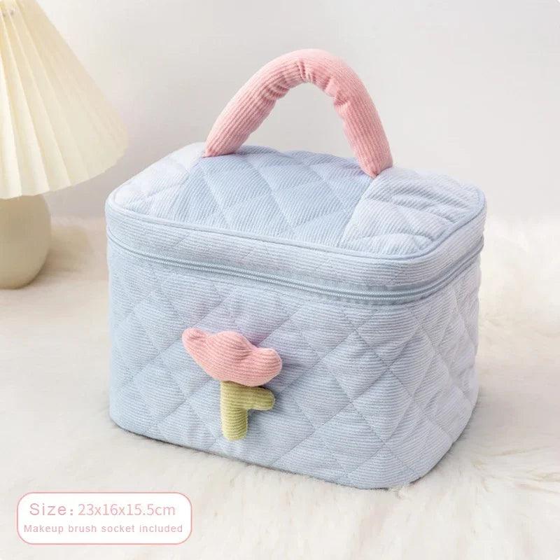 Fashion Women's Tulip Flowers Pouch Large Capacity Travel Cosmetic Bag Corduroy Zipper Bags Portable Storage Make Up Organizer - Ammpoure Wellbeing