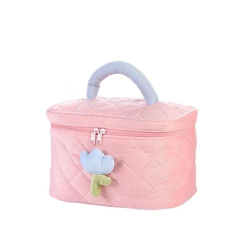 Fashion Women's Tulip Flowers Pouch Large Capacity Travel Cosmetic Bag Corduroy Zipper Bags Portable Storage Make Up Organizer - Ammpoure Wellbeing