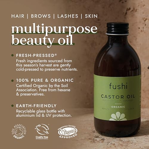 Fushi Organic Castor Oil 250ml 100% Pure Cold & Fresh - Pressed For Dry Skin & Hair Growth, Eyelashes & Eyebrows Hexane Free Natural Food - grade Sustainably Sourced(Packaging may vary) - Ammpoure Wellbeing