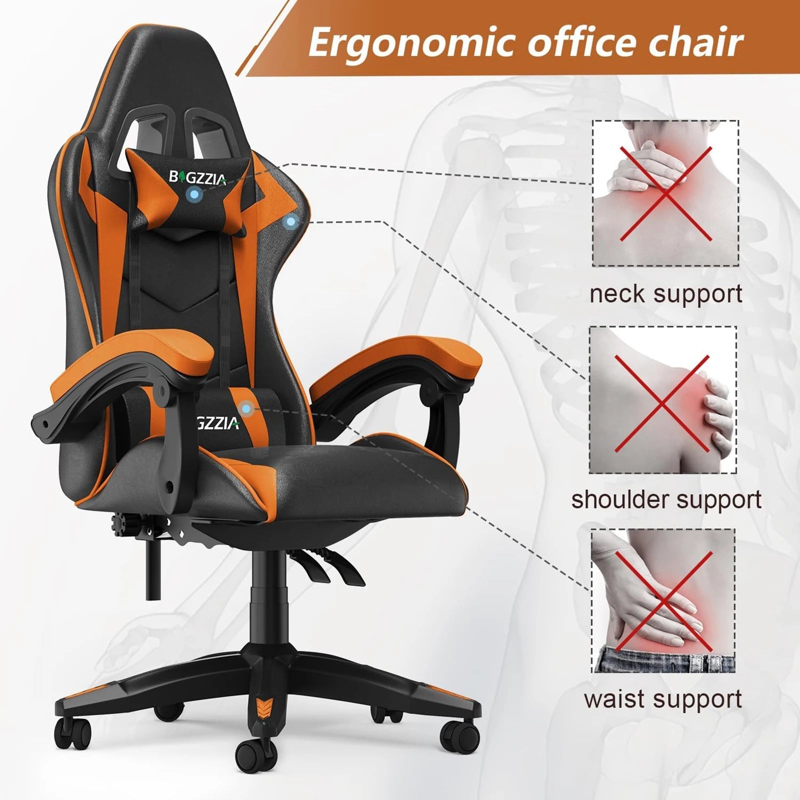 Gaming Chair Office Chair Ergonomic PU Leather Computer Desk Chair with Headrest and Lumbar Support Game Chairs Racing Chair - Ammpoure Wellbeing