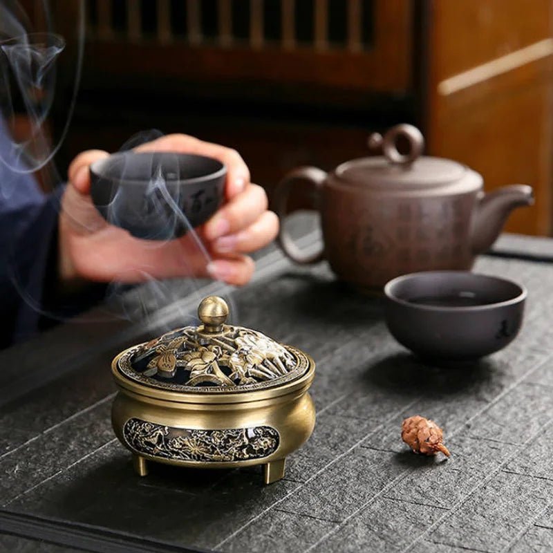 Incense Burner Buddhism Buddha Holder Hollow Out Copper Three Legged Sandalwood Censer Home Decoration - Ammpoure Wellbeing