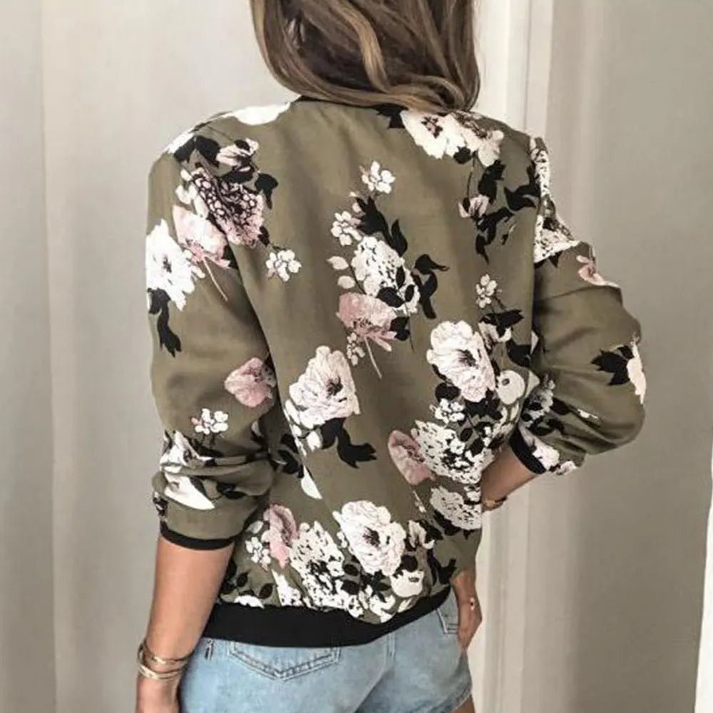 Jocoo Jolee Women Elegant Zipper Bomber Jacket Spring Autumn Floral Printed Jackets Office Wear Slim Office Coat Retro Outwear - Ammpoure Wellbeing