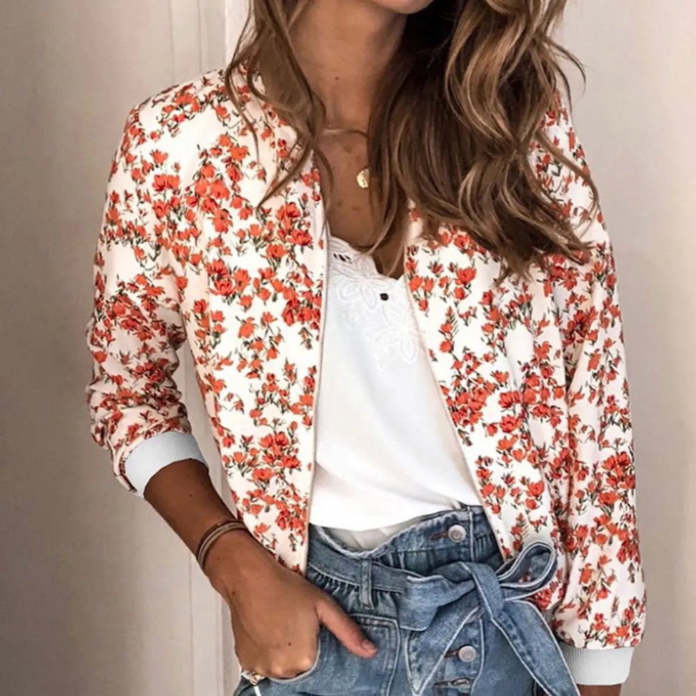 Jocoo Jolee Women Elegant Zipper Bomber Jacket Spring Autumn Floral Printed Jackets Office Wear Slim Office Coat Retro Outwear - Ammpoure Wellbeing