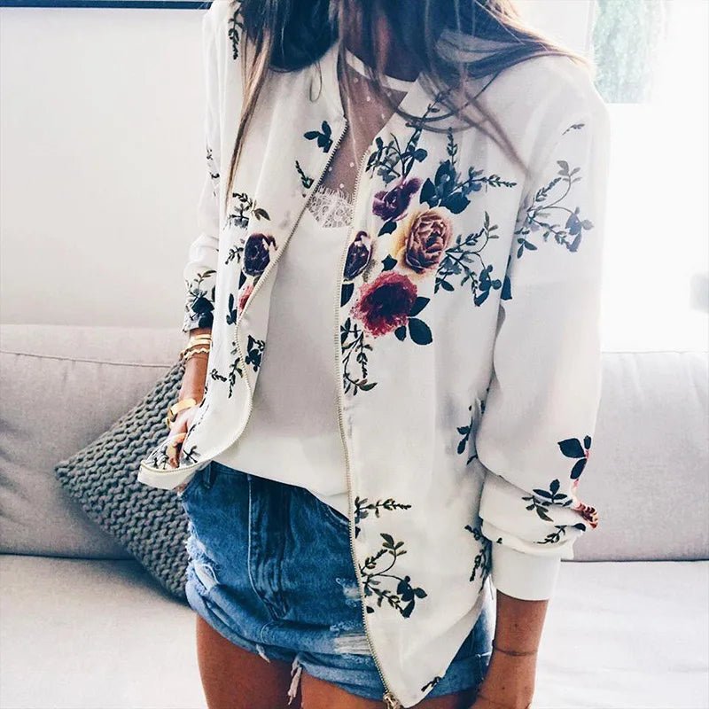 Jocoo Jolee Women Elegant Zipper Bomber Jacket Spring Autumn Floral Printed Jackets Office Wear Slim Office Coat Retro Outwear - Ammpoure Wellbeing