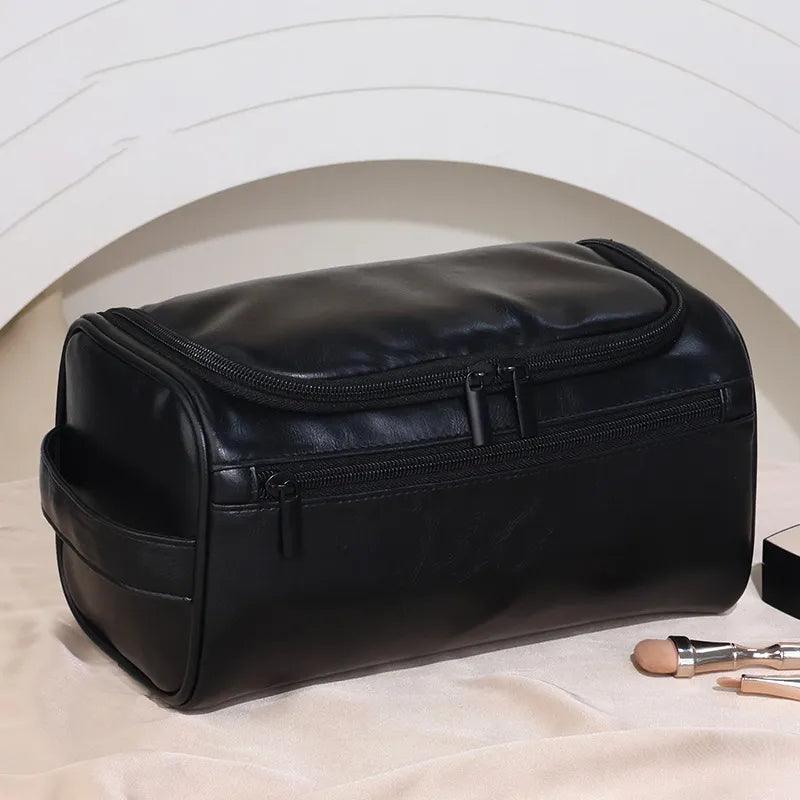 Leather Men Business Portable Storage Bag Toiletries Organizer Women Travel Cosmetic Bag Hanging Waterproof Wash Pouch - Ammpoure Wellbeing