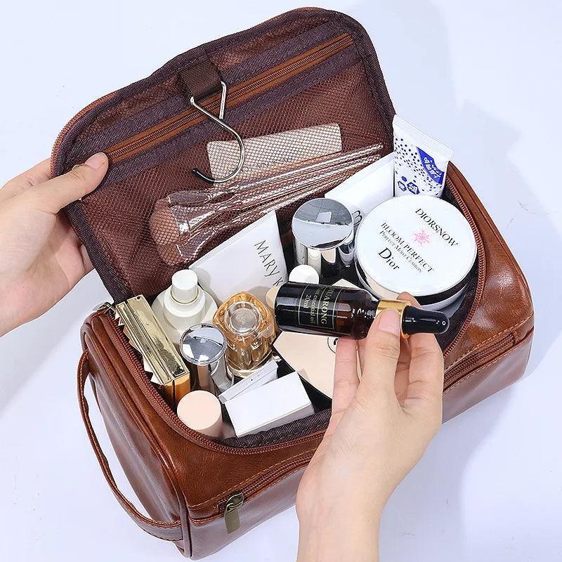 Leather Men Business Portable Storage Bag Toiletries Organizer Women Travel Cosmetic Bag Hanging Waterproof Wash Pouch - Ammpoure Wellbeing