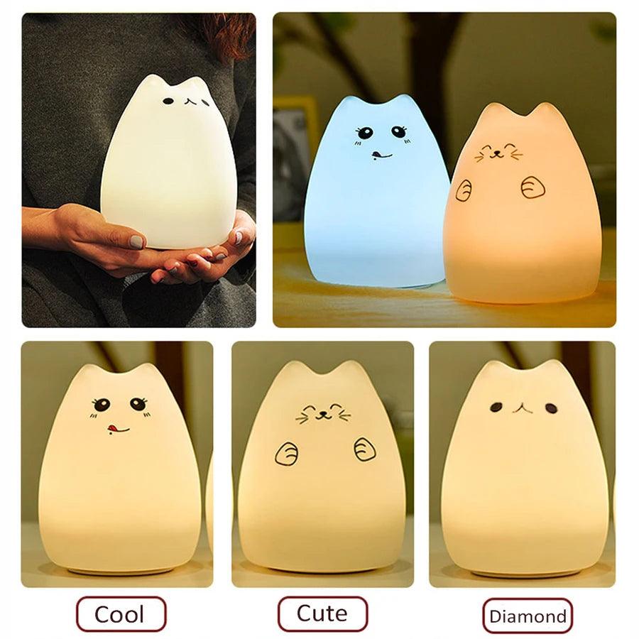 LED Night Light For Children Baby Kids soft Silicone Touch Sensor 7 Colors cartoon Cat sleeping lamp home bedroom decoration - Ammpoure Wellbeing