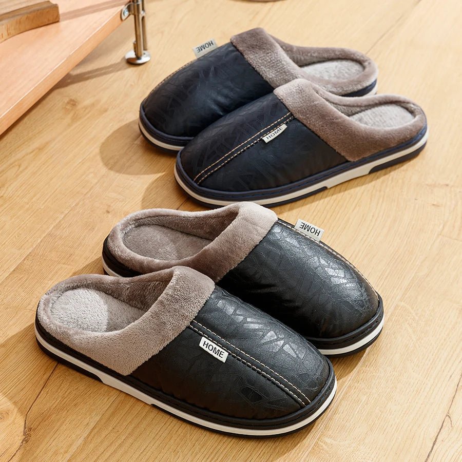 Men's slippers Winter Big Size Indoor Waterproof PU Leather Large Sizes Home Cotton shoes Fur Flat Cotton Bedroom Houseshoes - Ammpoure Wellbeing