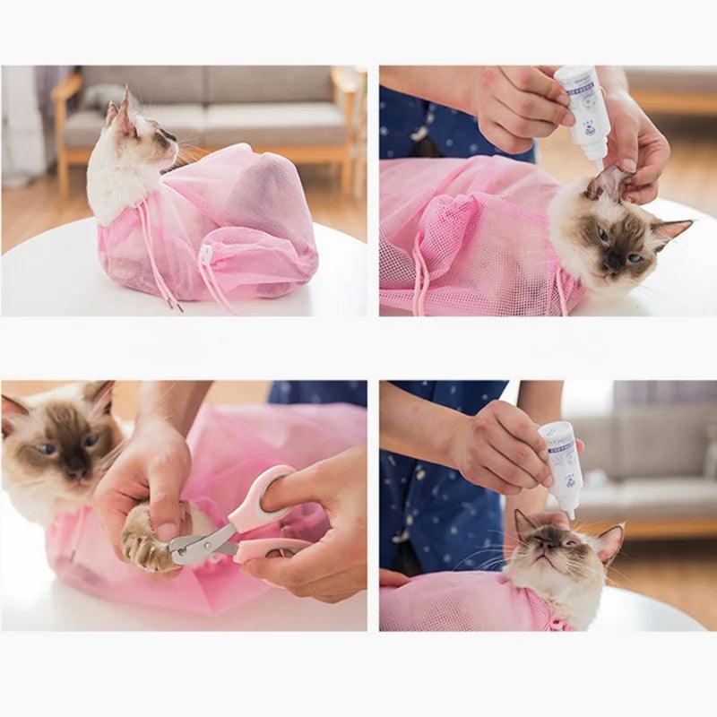 Mesh Cat Groom Bath Bag Adjustable Dogs Anti Scratch Bite Kat Nail Trim Inject Examing Pet Washing Clean Restraint Massage Bags - Ammpoure Wellbeing