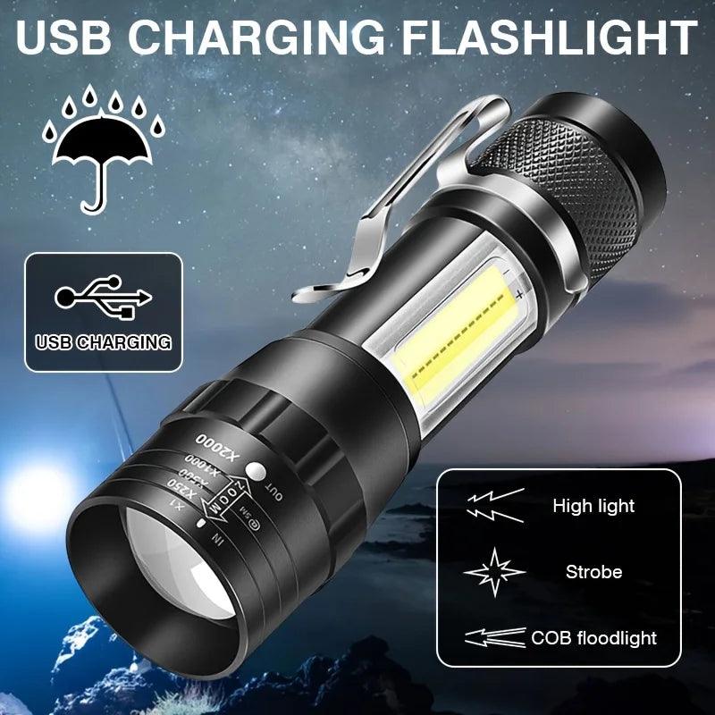 Mini Torch LED Rechargeable Flashlight Portable USB Charging Flashlight With COB Light HighPower Bank Camping Long Range Lantern - Ammpoure Wellbeing