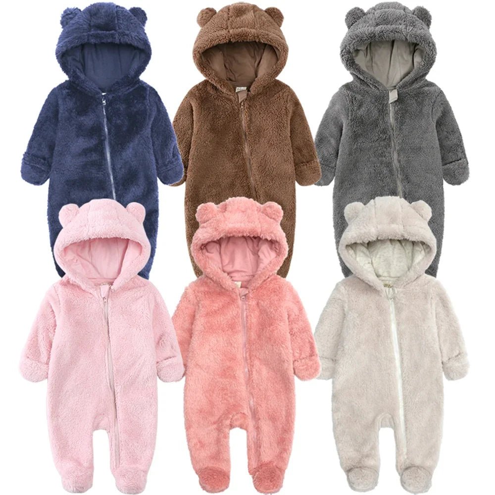 New born Baby Winter Fleece Romper Solid Hooded Thick Infant Outfits For 0 - 24M Casual Jumpsuit Boy Girl Warm Clothes - Ammpoure Wellbeing