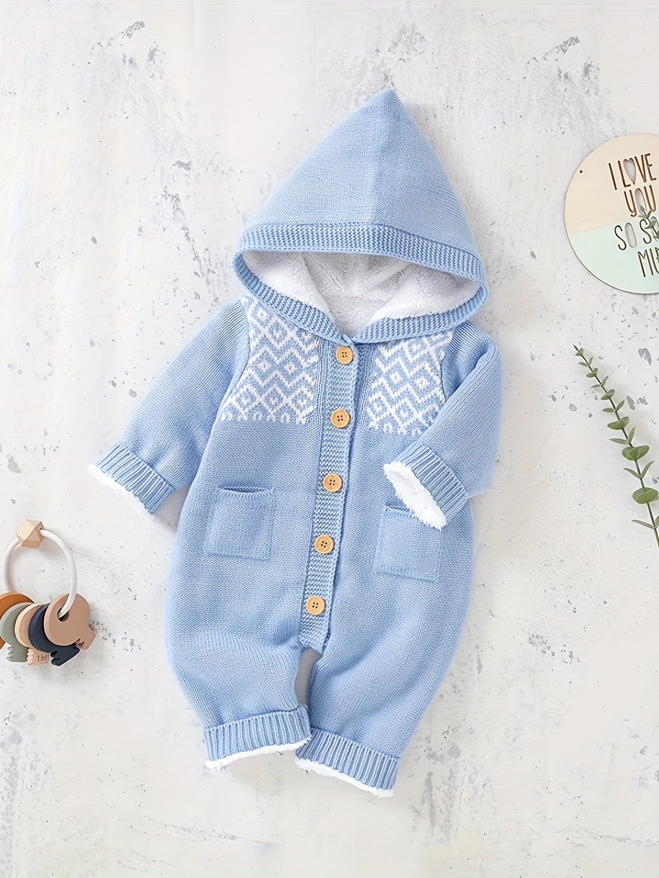 Newborn Baby's Knit Hooded Jumpsuit, Warm Long Sleeves Hooded Button Down Onesie For Winter/fall - Ammpoure Wellbeing
