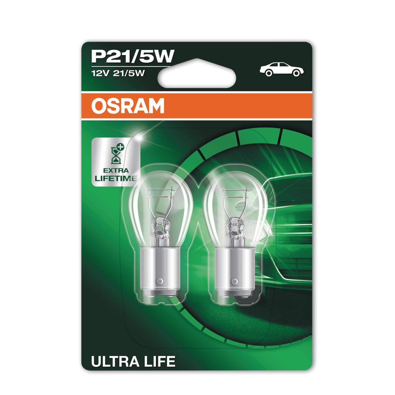 OSRAM ULTRA LIFE P21/5W halogen signal lamp, brake light, rear fog light, 7528ULT - 02B, 12 V passenger car, double blister (2 units) - Ammpoure Wellbeing