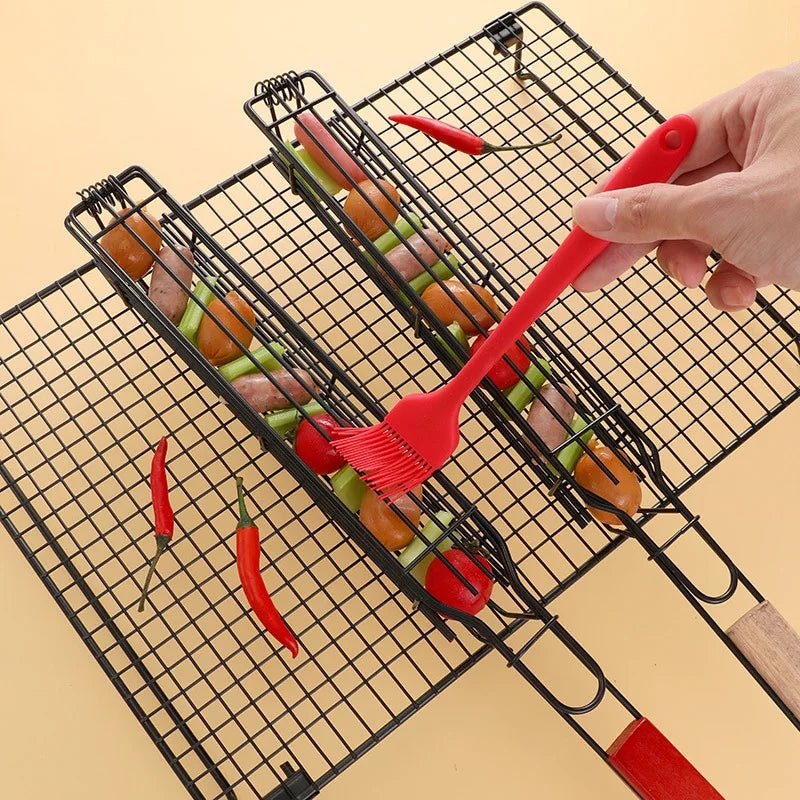 Outdoor Wooden Handle Barbecue Cage Camping Meat and Vegetable Barbecue Net Rack Picnic Barbecue Tools - Ammpoure Wellbeing