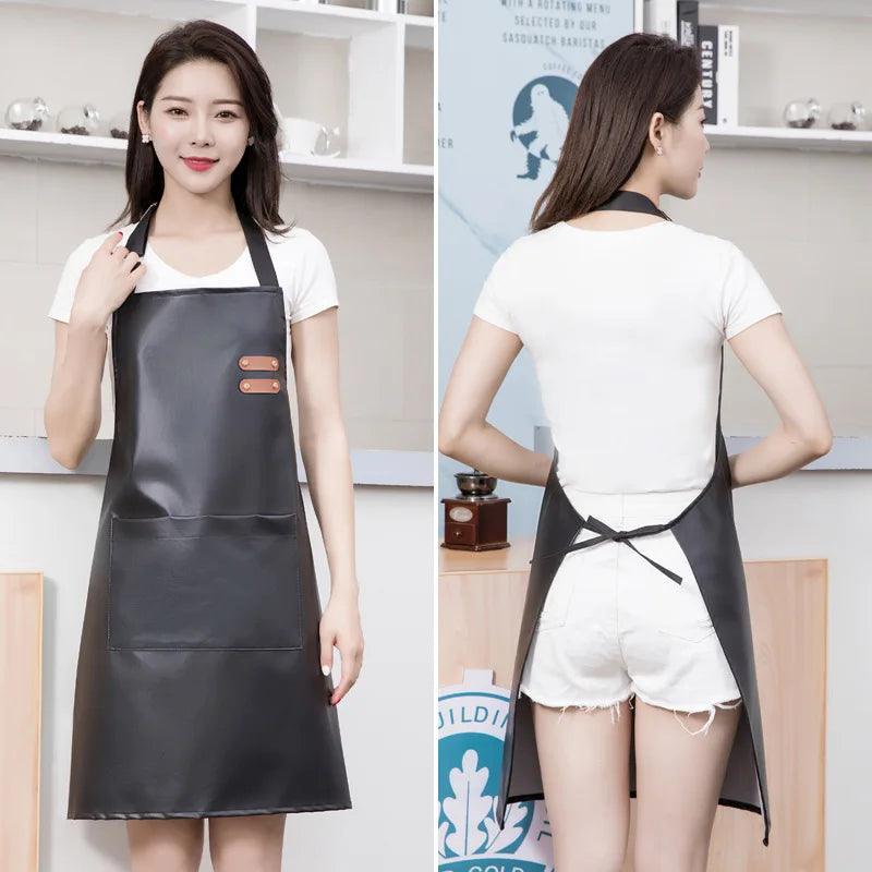 PU Leather Waterproof and Oil Resistant Apron Kitchen Workwear Home Cooking Cleaning Unisex Sleeveless Apron Adjustable - Ammpoure Wellbeing