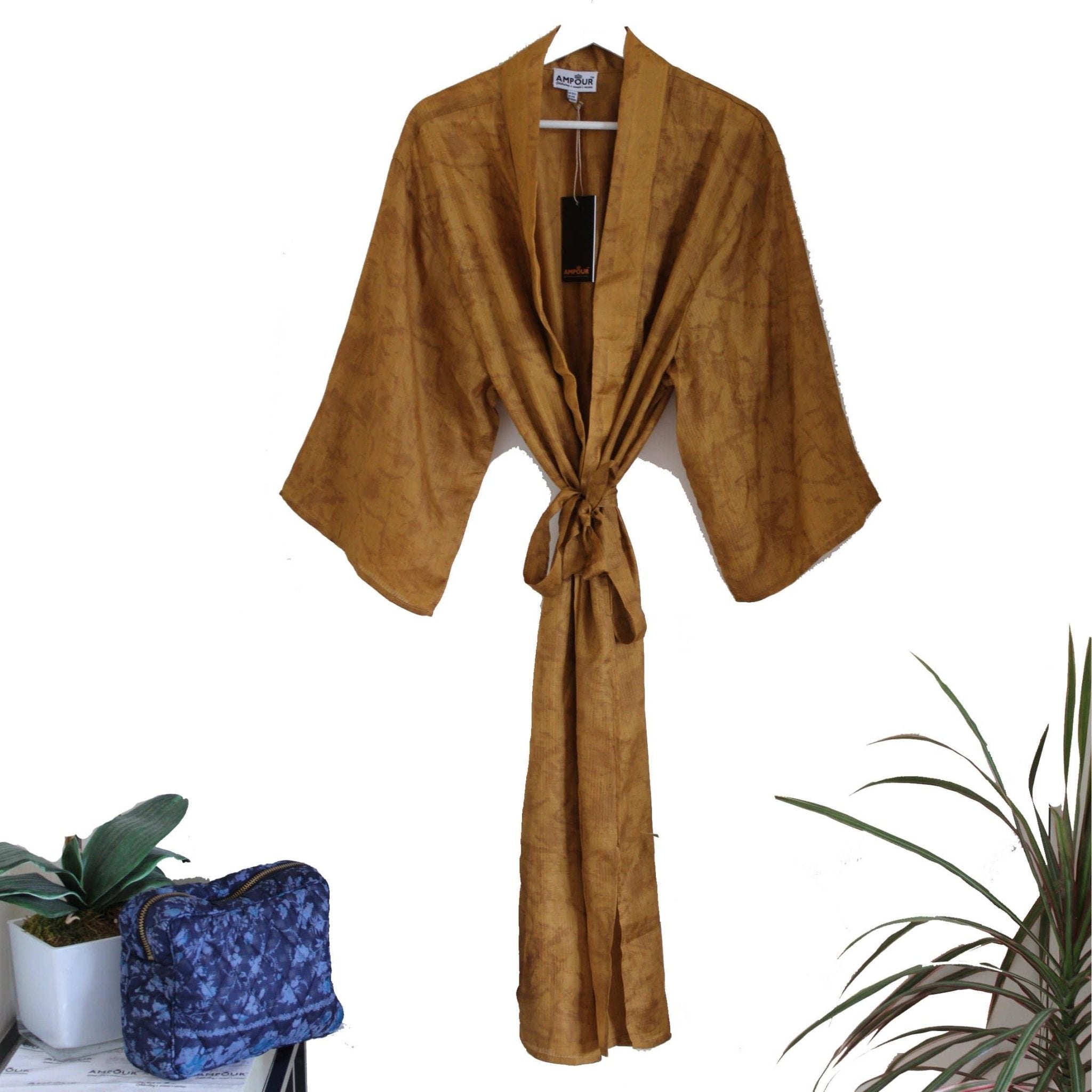 Recycled Silk Maxi Kimono + Premium Recycled Sari Silk WashBag - Ammpoure Wellbeing