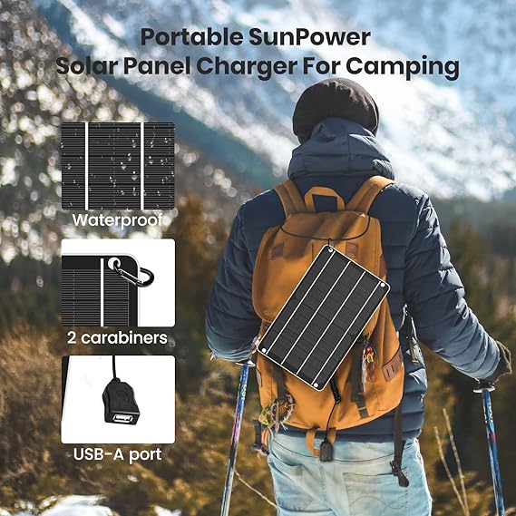 USB Solar Panel, 6W 5V Portable Solar Charger Monocrystalline Waterproof, for Mobile Phone, Power Bank, Fans, Security Cameras, Fishing, Camping, Hiking Outdoor Emergency Power