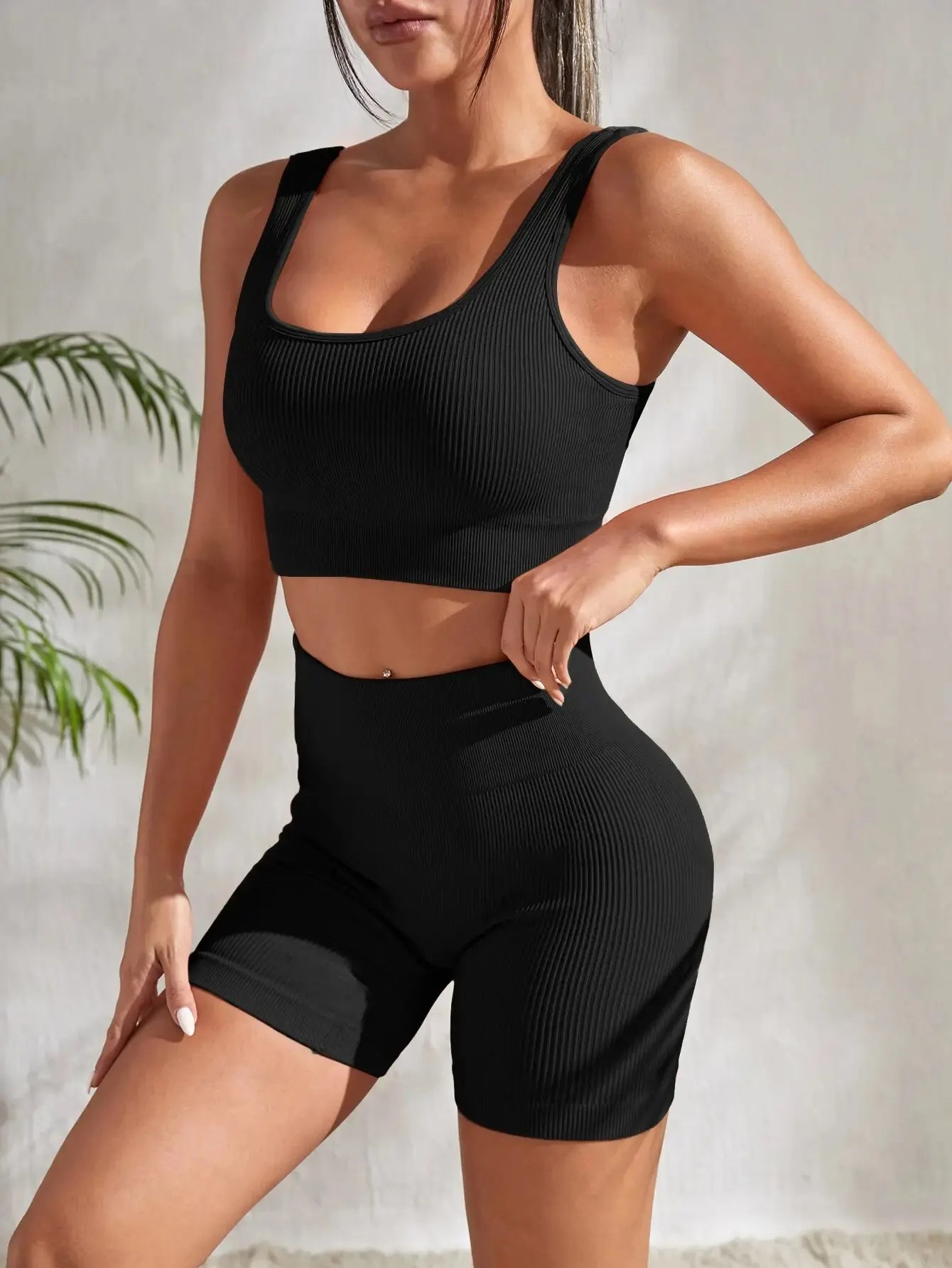 Seamless Ribbed Yoga Sets Workout Sets for Women 2 Pieces Gym Suits Ribbed Crop Tank High Waist Shorts Outfits Fitness Running - Ammpoure Wellbeing